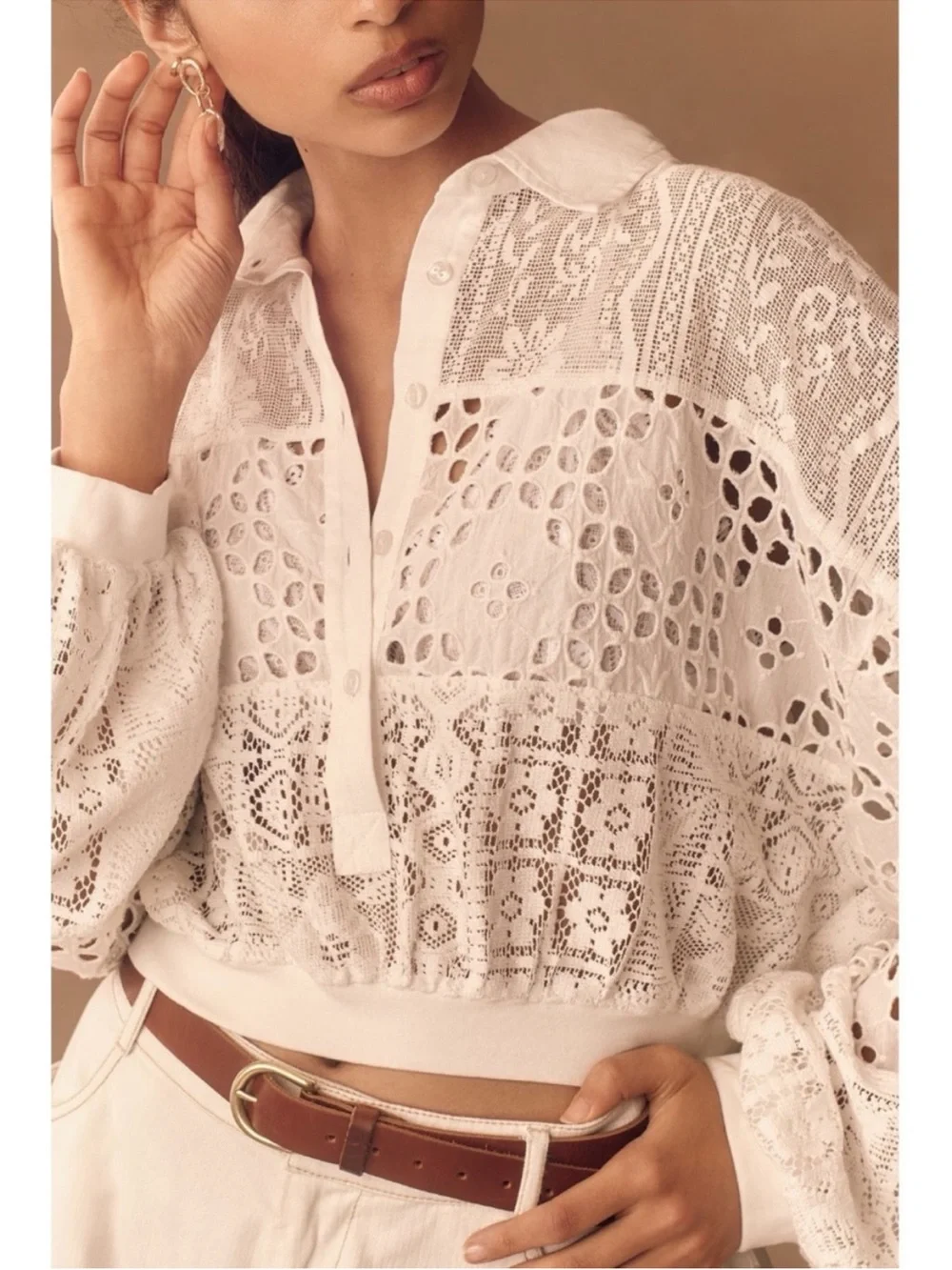 PILCRO by ANTHROPOLOGIE Women’s Size S White Cutwork Bubble-Sleeve Cropped Shirt
